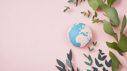 A minimalistic photo showcases a paper cutout of the Earth surrounded by green leaves on a soft pink background
