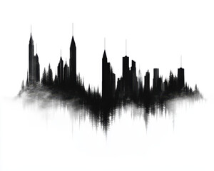 Fototapeta premium Silhouette of a city skyline with a cloud effect, white isolate background.