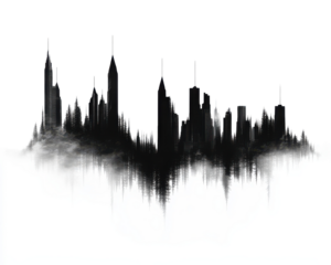 Silhouette of a city skyline with a cloud effect, white isolate background.