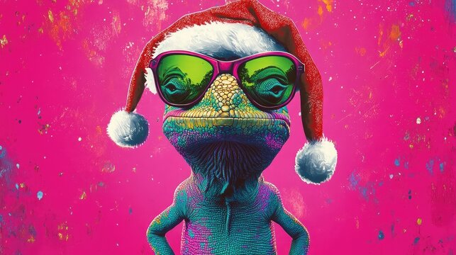 Greeting card featuring a quirky chameleon with a Santa hat and sunglasses on a vibrant pink background
