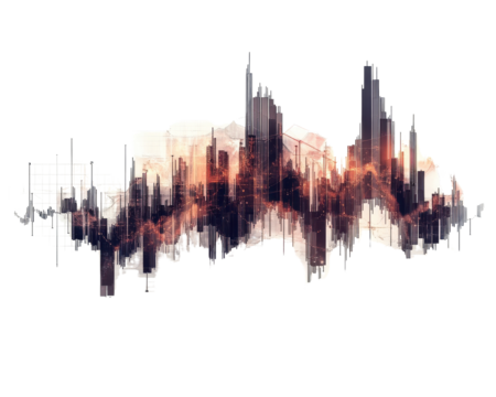 Stylized city skyline silhouette on a colorful abstract background.