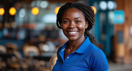 African woman happy wearing blue polo shirt looking on camera