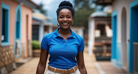 African woman happy wearing blue polo shirt looking on camera