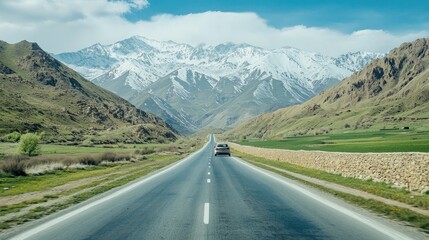 Scenic mountain road with snow-capped peaks and green pastures, white lines and gravel surface, stone wall, car driving through desert landscape, driver's seat perspective view.