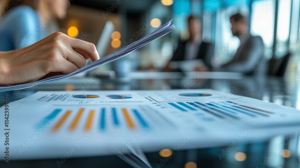Poster close-up view of hands flipping through pages of business reports and charts in a modern office sett