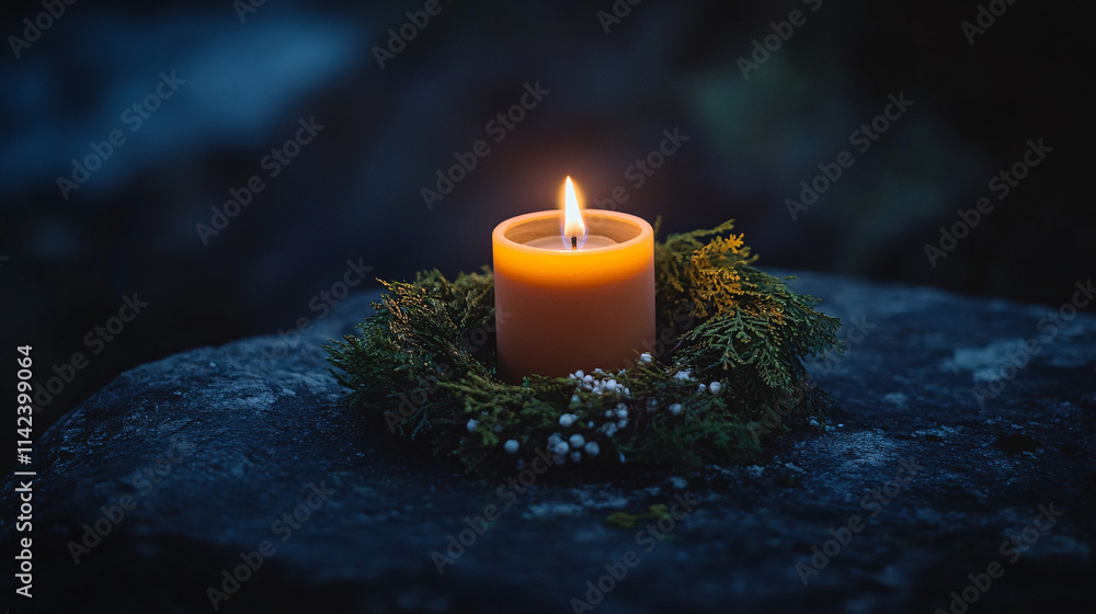 Aufkleber a minimalistic photo of a single flame illuminating a candle surrounded by greenery on a dark backgr