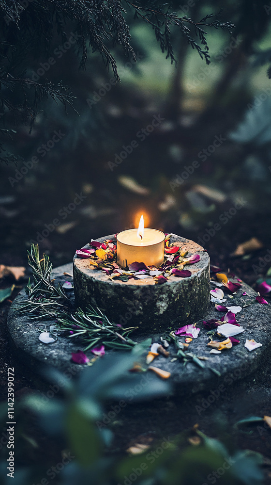 Aufkleber a minimalistic photo of a glowing candle surrounded by colorful flower petals and greenery creating 