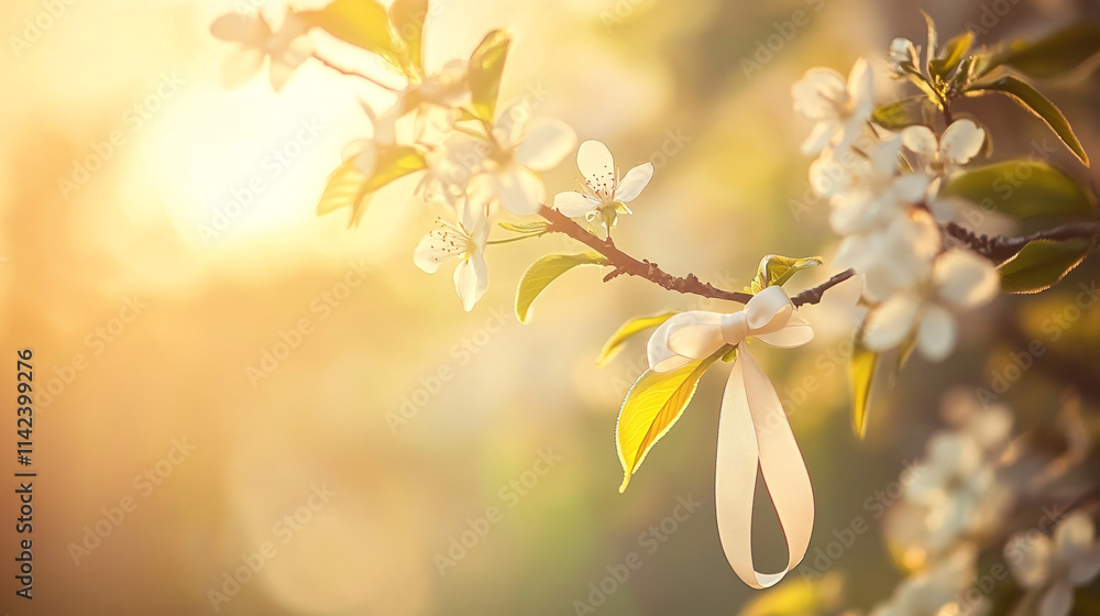 Poster a minimalistic view of a delicate ribbon tied to a flowering branch, bathed in warm sunlight, creati