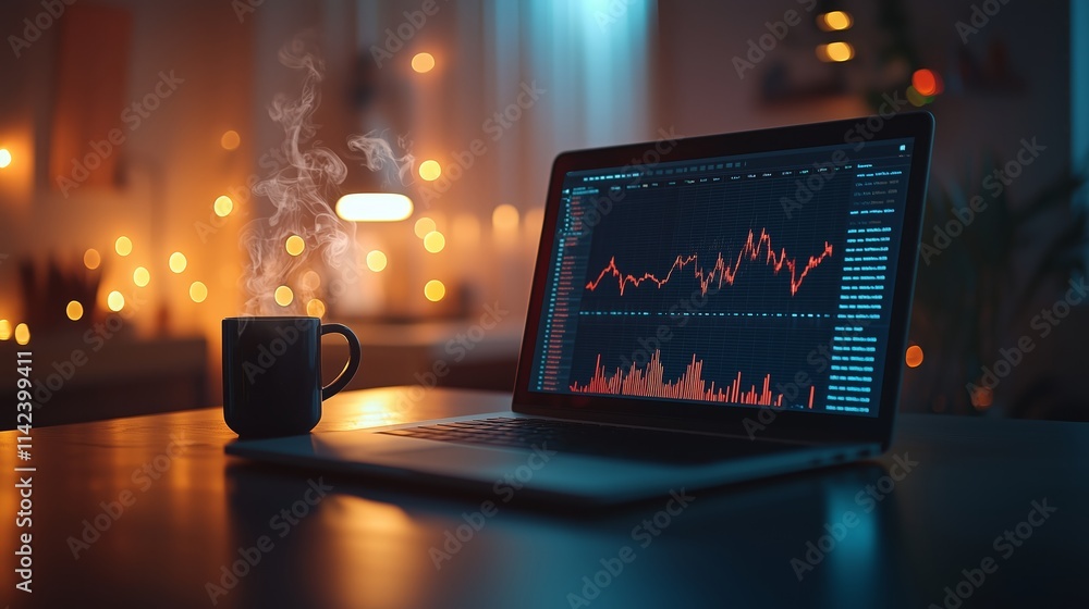 Poster close-up shot of a laptop displaying financial data with a coffee mug, featuring stock market graphs