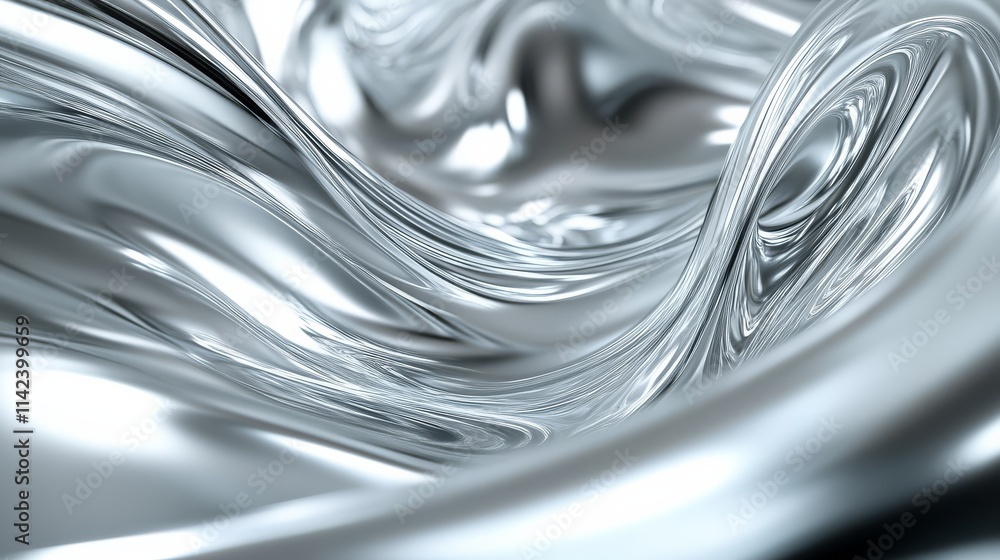 Poster a shimmering, abstract wave of metallic fluid, showcasing smooth curves and a dynamic flow, creating