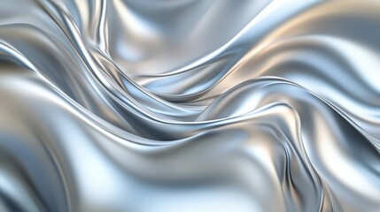 A close-up view of smooth, flowing silver fabric, showcasing elegant curves and a shimmering texture that reflects light beautifully.