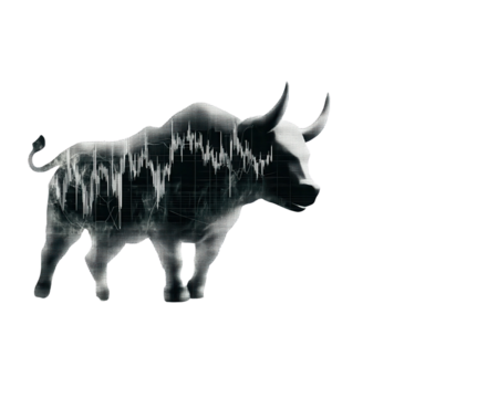 Bull symbolizing market strength with financial chart overlay, white isolated background.