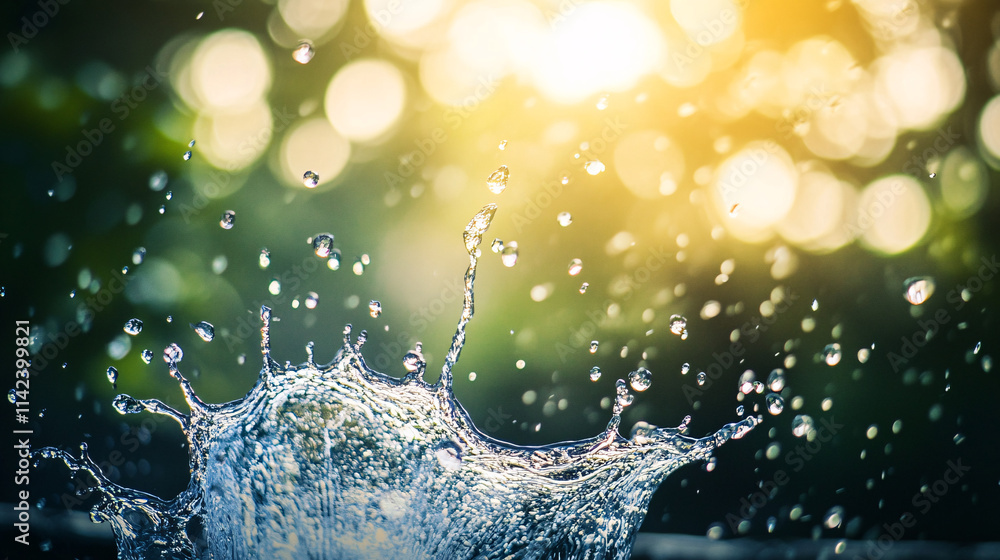 Poster a minimalistic photo of a water splash capturing droplets in dynamic motion against a blurred backgr