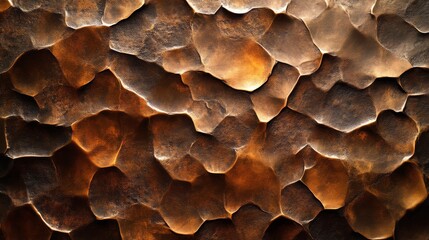Close-up view of textured, honeycomb-like surface with rich brown and black tones, showcasing natural patterns and intricate details.