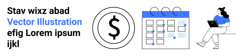 Calendar with important dates marked, dollar sign symbol, person working on a laptop. Ideal for financial planning, scheduling, productivity, remote work, time management, budgeting, business