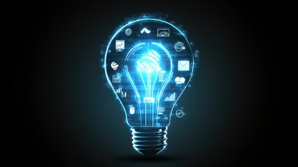 Futuristic Light Bulb Concept with Digital Icons Representing Innovation, Technology, Ideas, and Communication in Dark Environment for Creative Industries