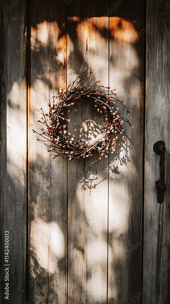 Aufkleber a minimalistic wreath made of twigs hangs on a rustic wooden door, creating a charming and serene at