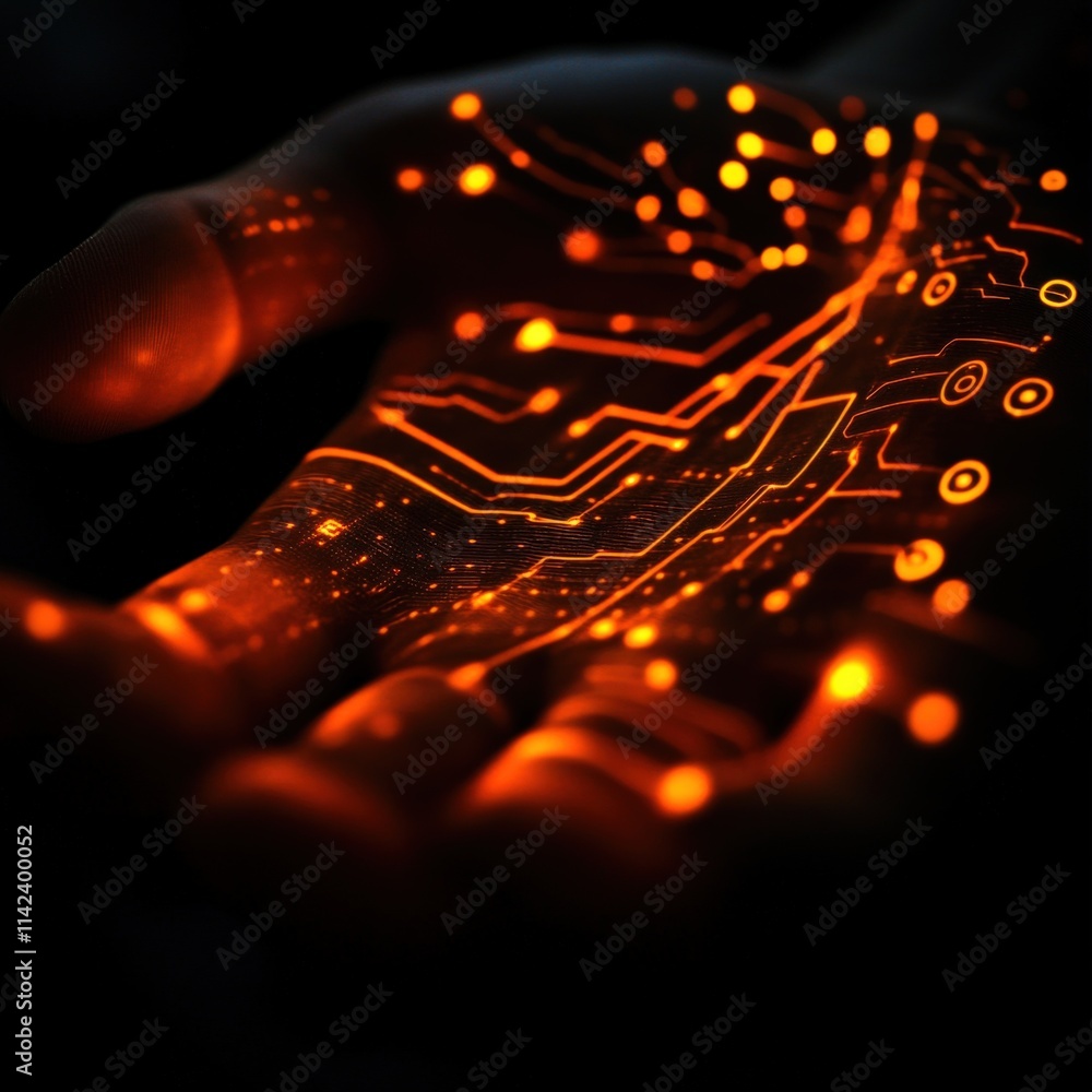 Poster close up of hand with glowing circuit pattern