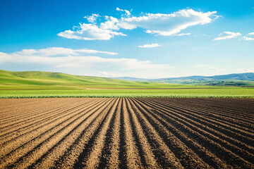 A minimalistic view of an american farm landscape showcasing freshly plowed fields under a bright blue sky with scattered clouds and rolling green hills in the background