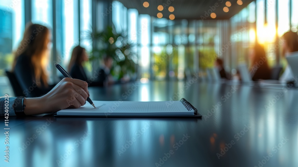 Poster hands holding pen writing on notebook in modern office setting with people collaborating and natural