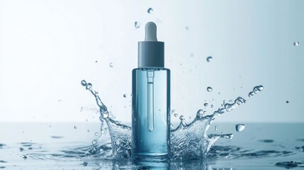 Hydrating facial serum or oil bottle with pipette and water splash