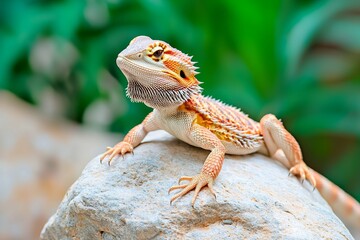 Obraz premium Exotic pets fascinate. Bearded dragon resting on a rock in a vibrant setting.