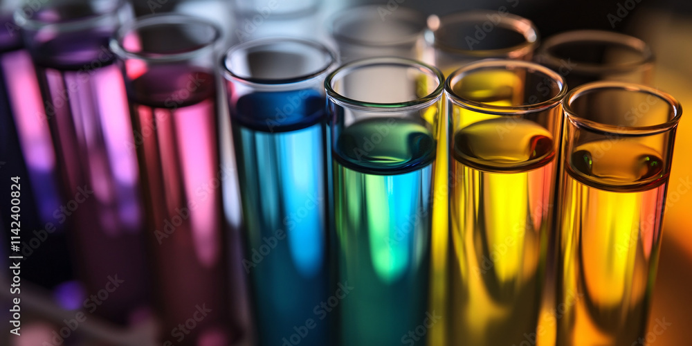 Poster colorful test tubes reflect light in a laboratory, creating a vibrant and artistic display of variou