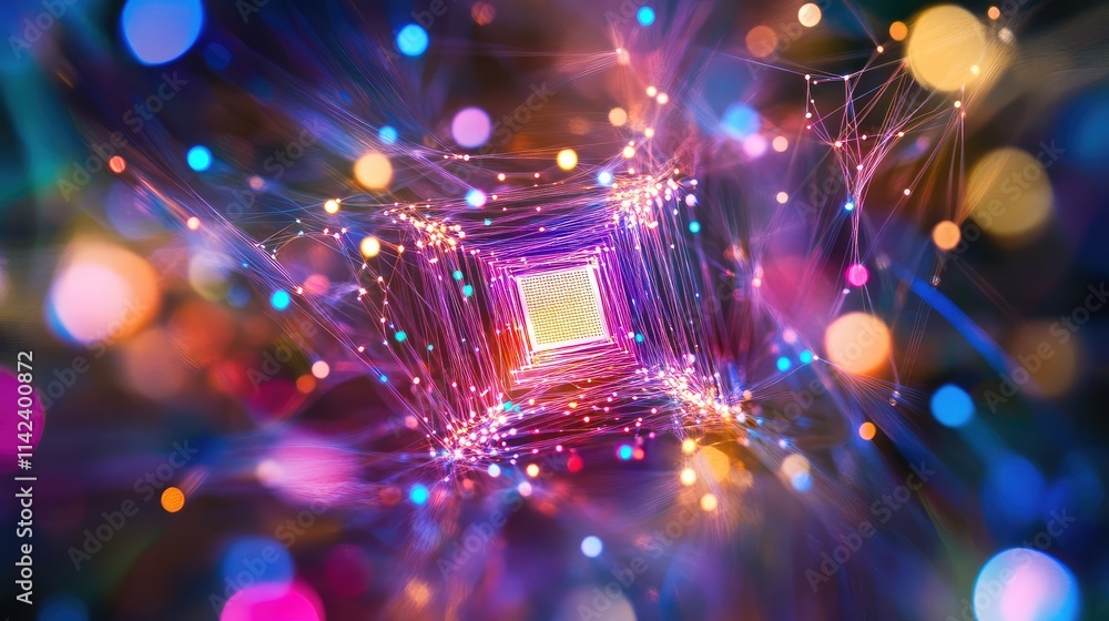 Poster a glowing microchip surrounded by vibrant, interconnected light trails, symbolizing seamless communi