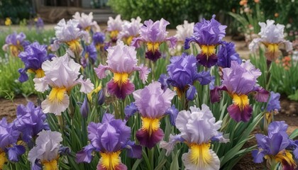 Naklejka premium Group of multicolored irises with shriveled petals in a garden, multicolored, withered