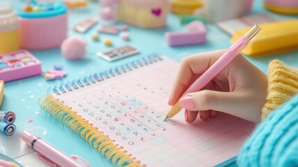 Colorful Desk Scene with Handwriting in Notebook Surrounded by Stationery and Creative Supplies
