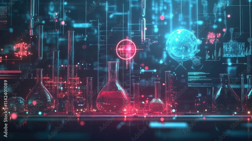 Poster a digital background with glowing chemical symbols, beakers, and test tubes, surrounded by data poin