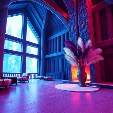 Purple lit tall room in a northern house with a warm fire in the fireplace pirple vase decor big space
