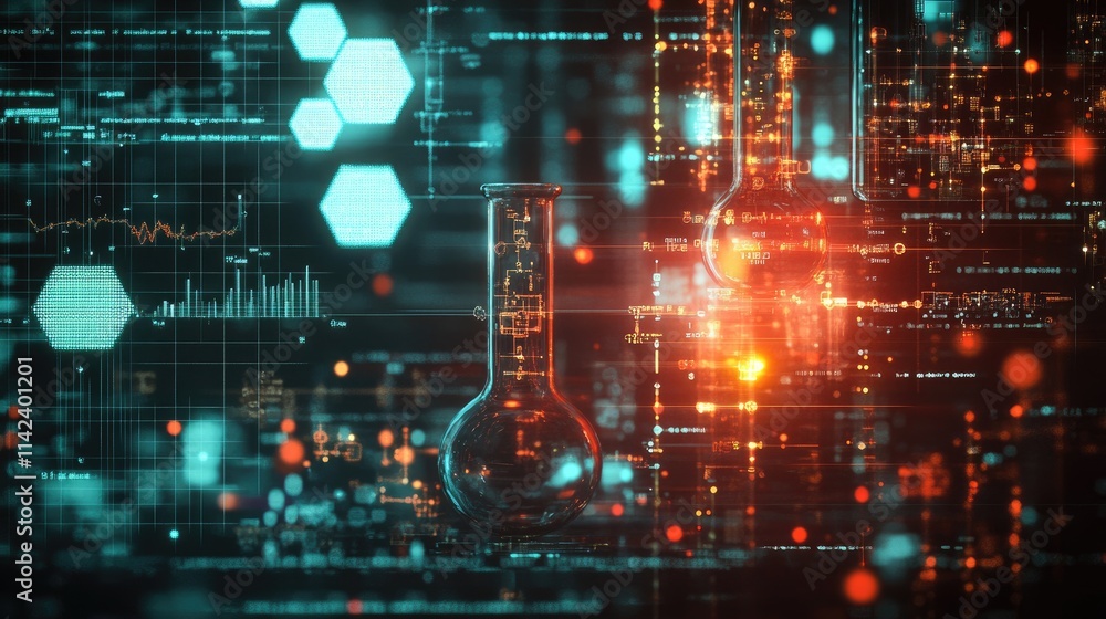 Aufkleber a digital background with glowing chemical symbols, beakers, and test tubes, surrounded by data poin