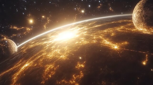 the universe how Artificial intelligence Fiery sunrise over alien planet, space.