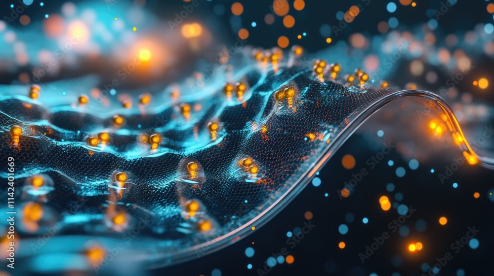 Poster a digital image representing nanoscale technology in drug delivery systems, with glowing particles a