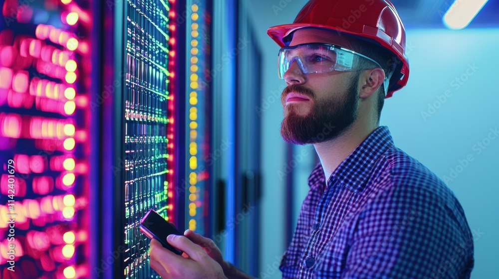 Poster a technician in safety gear examines server racks filled with colorful lights, using a smartphone to