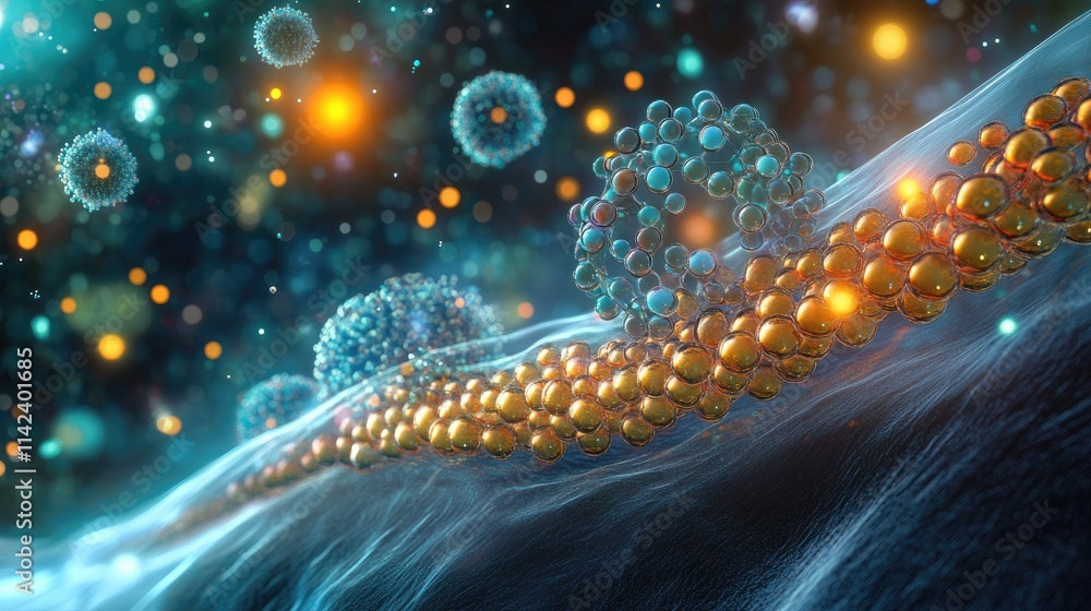 Poster a digital image representing nanoscale technology in drug delivery systems, with glowing particles a