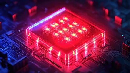 Obraz premium A glowing quantum microchip with its complex architecture and quantum pathways illuminated, set against a high-tech background