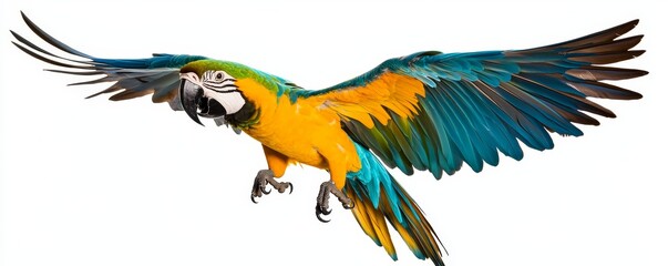 Obraz premium Exotic pets fascinate. Colorful macaw in flight with outstretched wings.