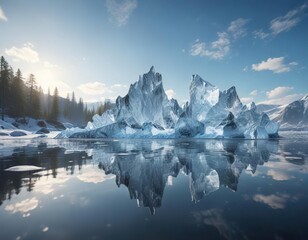 Ice melting on water with reflection of clear summer sky, nature, reflection, ice