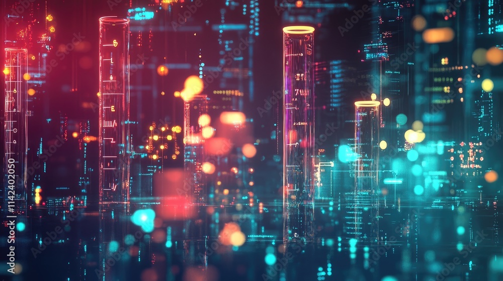 Poster A digital science background with chemical formulas, test tubes, and glowing data points, representing research, with large space for text