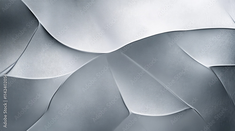 Poster a close-up of layered, metallic textures with soft curves and gradients, creating a serene and moder
