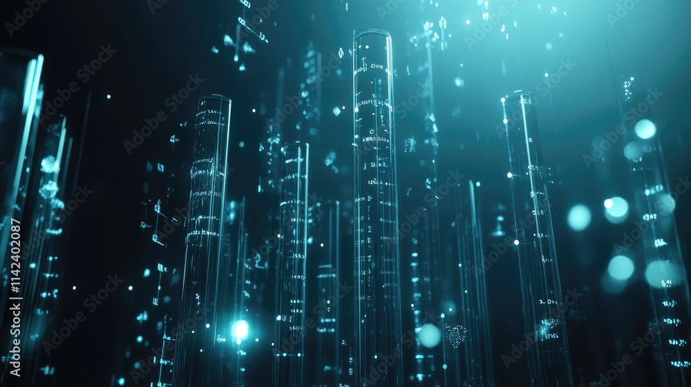 Poster A digital science background with chemical formulas, test tubes, and glowing data points, representing research, with large space for text
