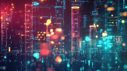 Fototapeta premium A digital science background with chemical formulas, test tubes, and glowing data points, representing research, with large space for text