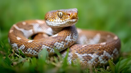 Obraz premium Viper Coiled on Soft Grass with Intricate Patterns