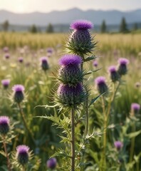 Idyllic scene with wild wooly thistle in bloom in peaceful field, scene, serene