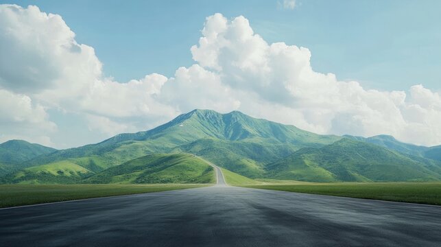 Asphalt highway road and green mountain with sky clouds