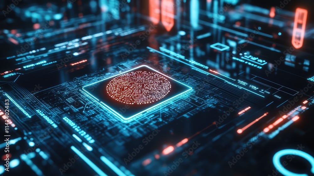 Poster a high-resolution image of a biometric microchip resting on a sleek surface, surrounded by holograph