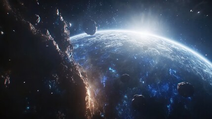 Fototapeta premium asteroids flying through the solar system, dynamic motion and glowing edges, 