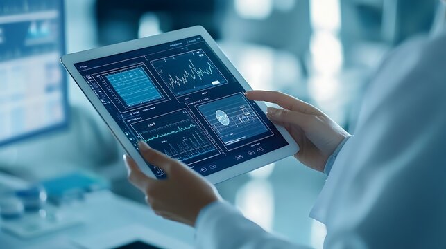 A professional healthcare worker analyzing patient data on a tablet in a modern medical office, with health information displayed on the screen and a clear view of charts and graphs.  - Powered by Adobe